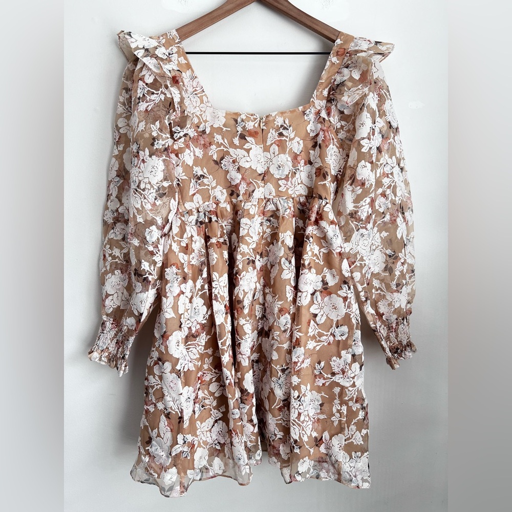 En Saison Chrishell floral organza mini dress Long Sleeve Square Neck babydoll - Picture 3 of 7